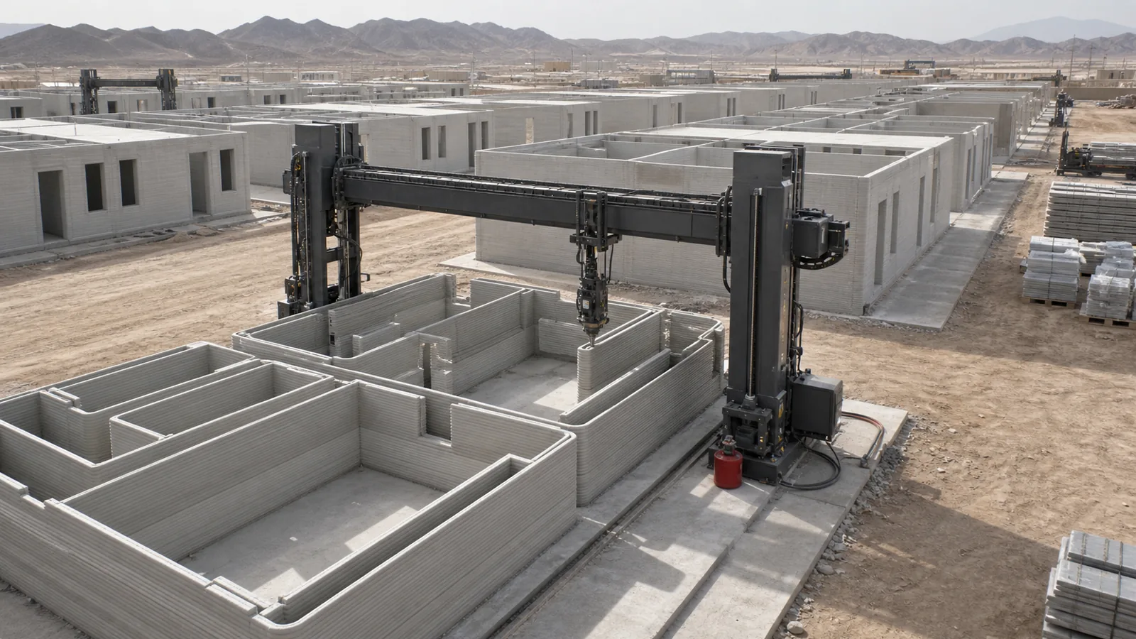 Robotic concrete-printing gantry constructing repeated barracks buildings at production scale