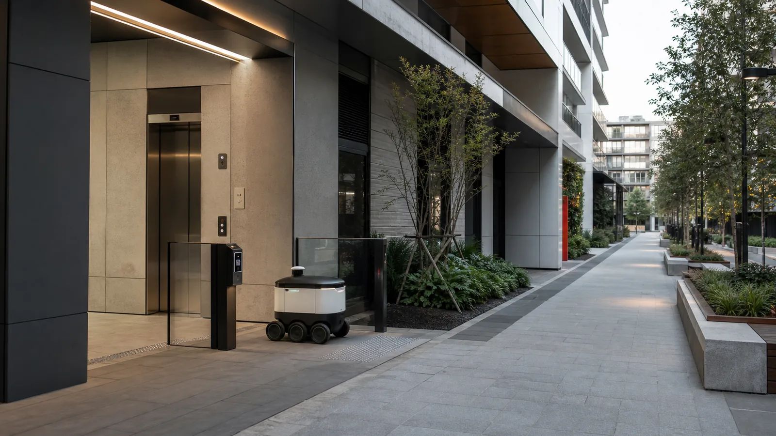 Delivery robot using shared access infrastructure beside an elevator in a robot-ready urban district